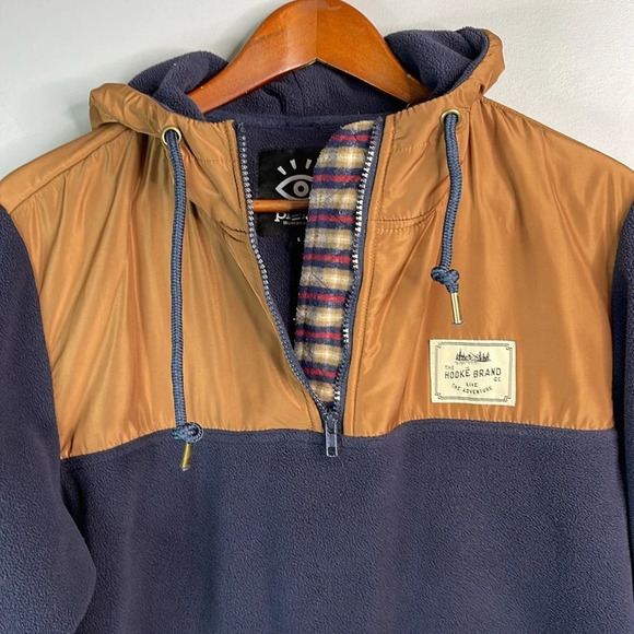 THE HOOKE Brand + Plenty Humanwear Tech Fleece Pullover Hoodie Navy Brown Zip L - Picture 4 of 13